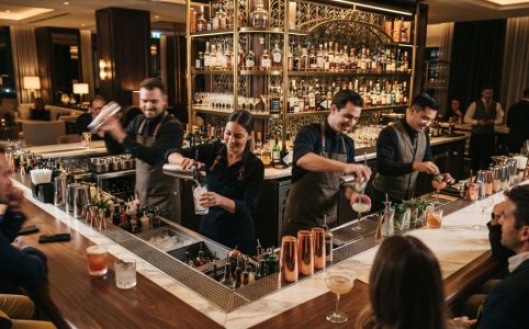 Bartenders quickly making drinks at a busy modern hotel bar counter.