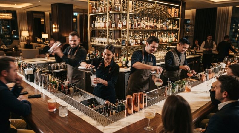 Bartenders quickly making drinks at a busy modern hotel bar counter.