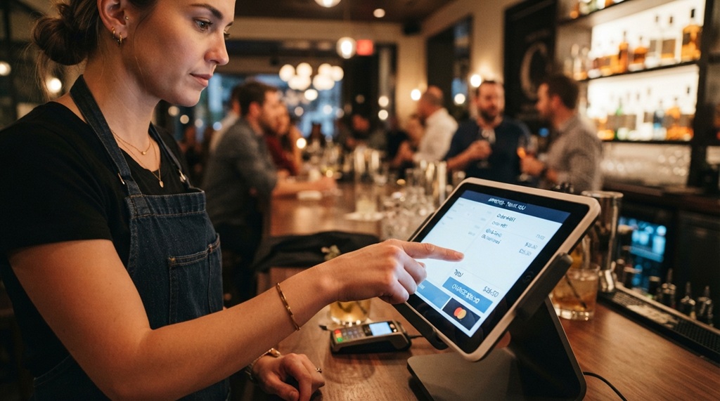 A bartender tapping a digital touchscreen order system behind a hotel bar.