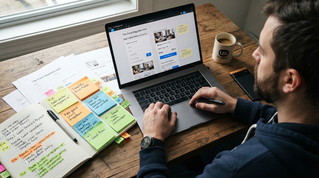 Man reviewing hotel reservation user interface mockups on laptop computer.