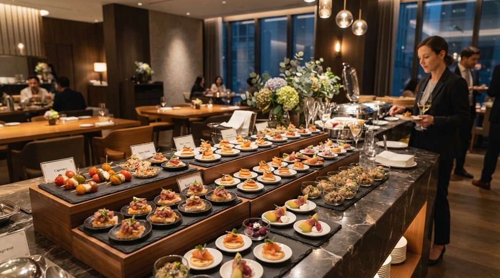 Hotel buffet display showing small portioned plates to minimize food waste.