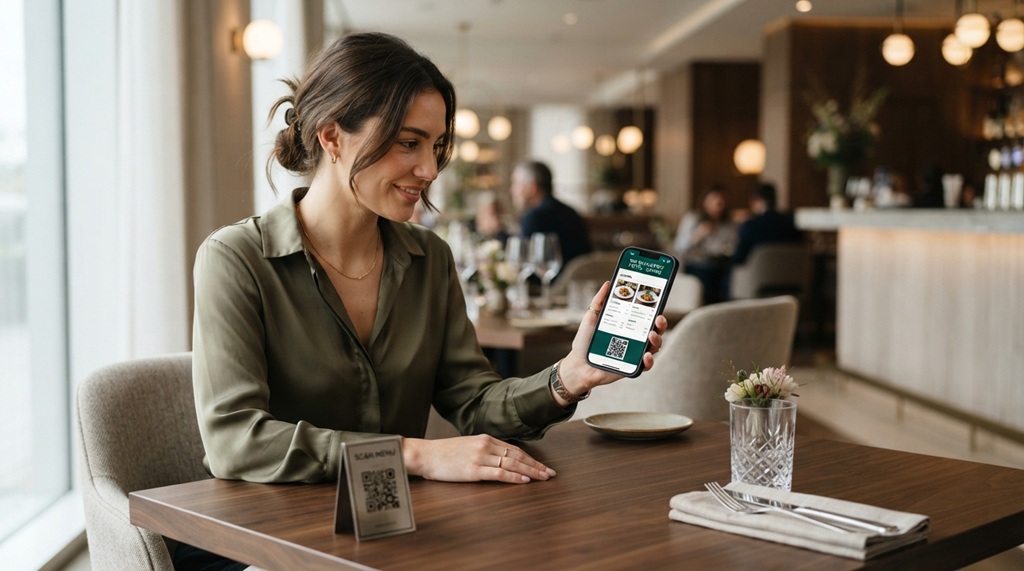 Guest viewing digital hotel restaurant menu on smartphone at dining table.