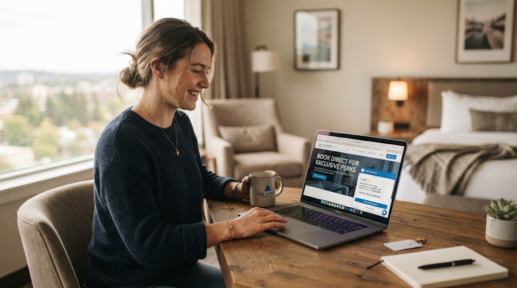 Hotel website on a laptop showing a direct booking AI chatbot offering discounts.