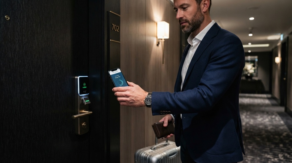 A male guest unlocking a hotel room door using a smartphone app.