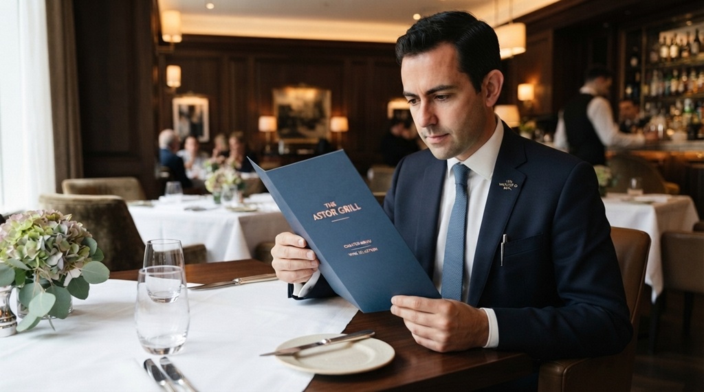 Male hotel manager reviewing a modern hotel food and beverage menu design.