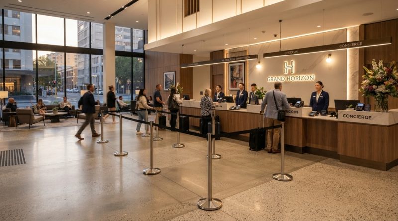 Receptionist greeting a male guest at a organized hotel check-in counter.