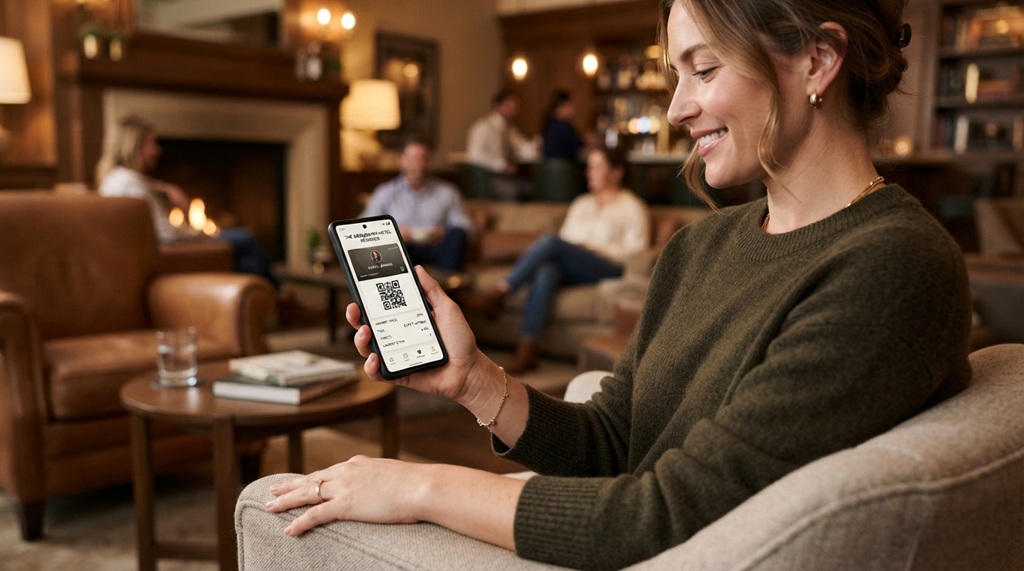 Guest holding smartphone displaying hotel loyalty rewards app in lobby.