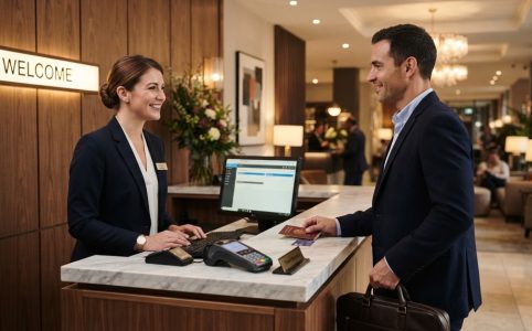 Female hotel receptionist greeting a male guest warmly at check-in.