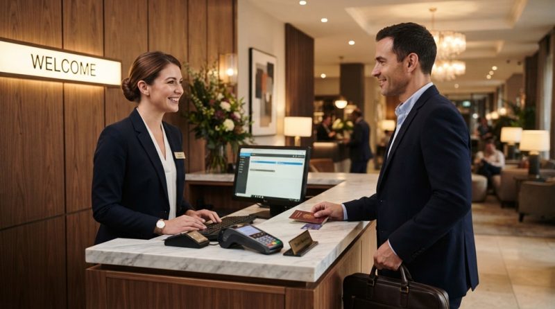 Female hotel receptionist greeting a male guest warmly at check-in.