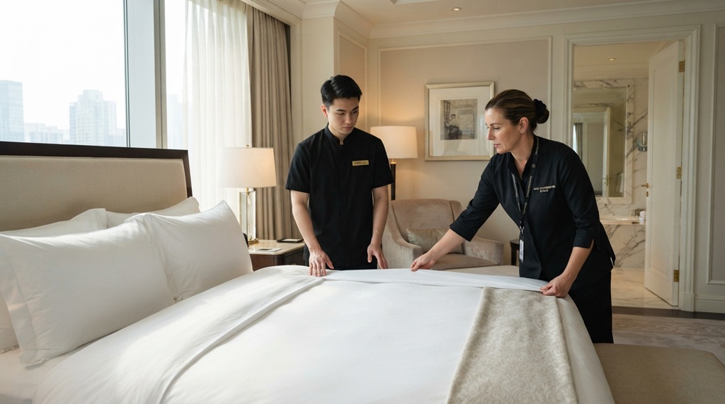 Female housekeeper showing male trainee how to tuck bed sheets in modern hotel.
