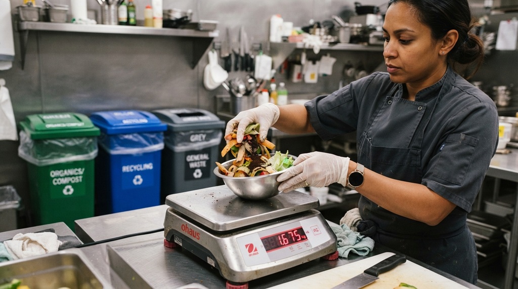 Kitchen worker weighing vegetable scraps on digital scale for audit.