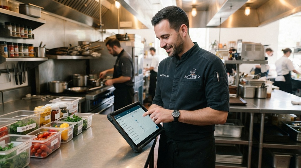 A male chef tracks food scraps using a digital tablet in a hotel kitchen.