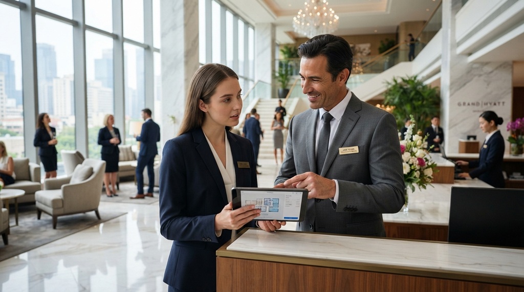 Male hotel director showing data on a tablet to female manager in hotel lobby.