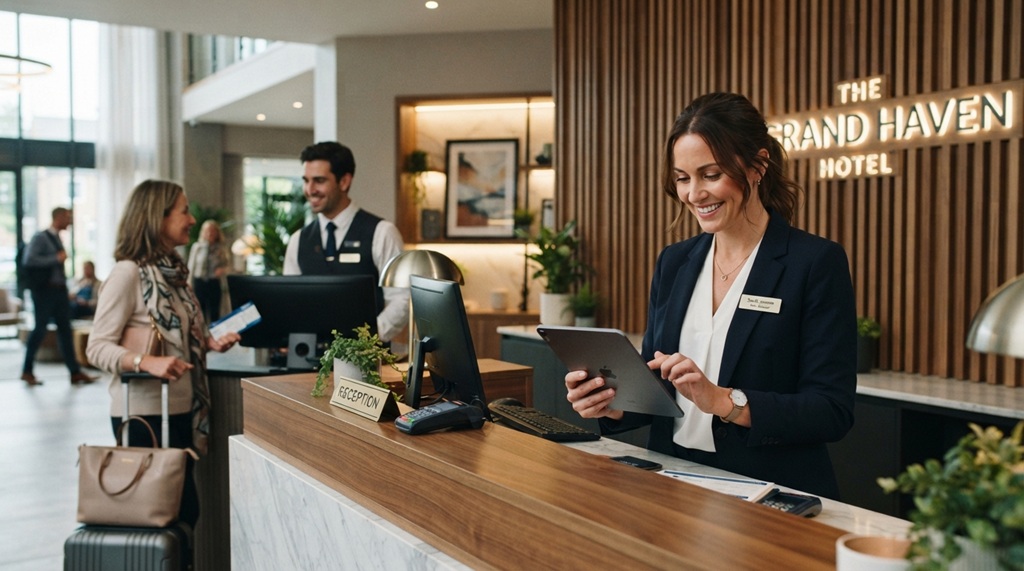 Female hotel manager using software on a tablet at front desk.