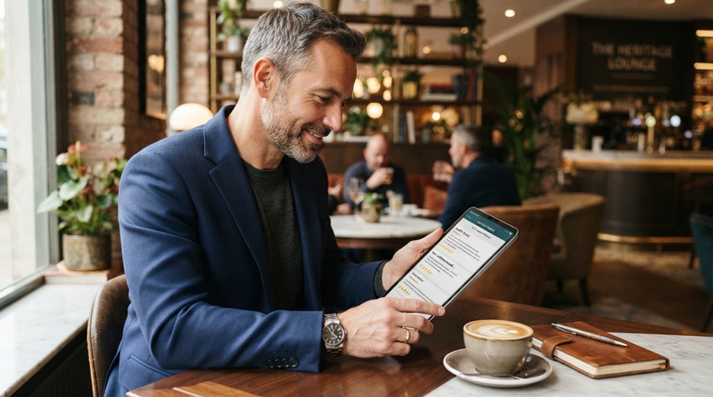 Male hotel manager reading guest reviews on a digital tablet.