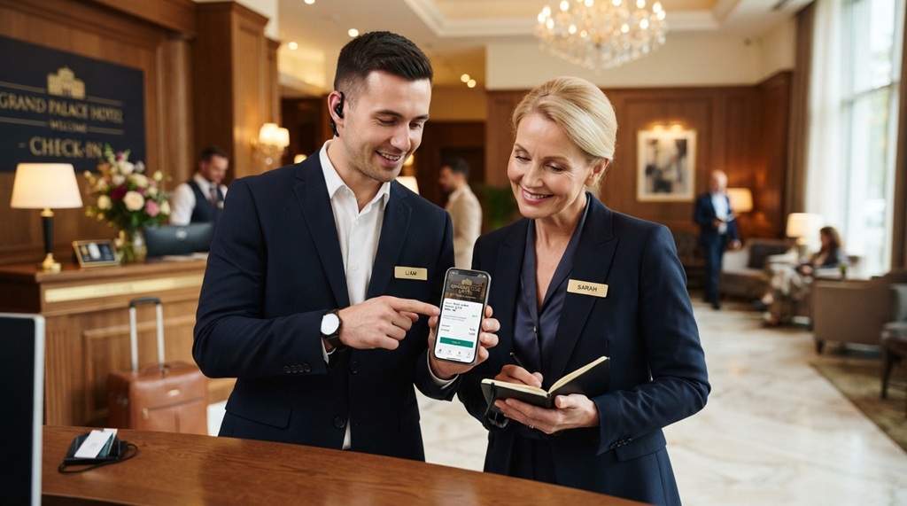 Hotel worker showing mobile hotel management app interface to manager.