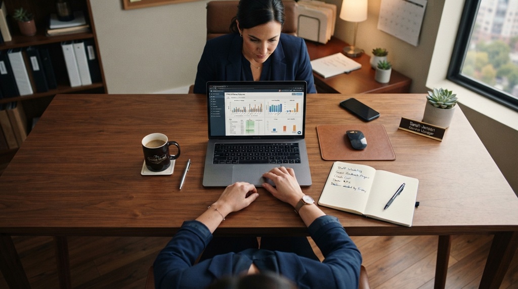 Hotel manager reviewing POS software features on a laptop at a office desk.