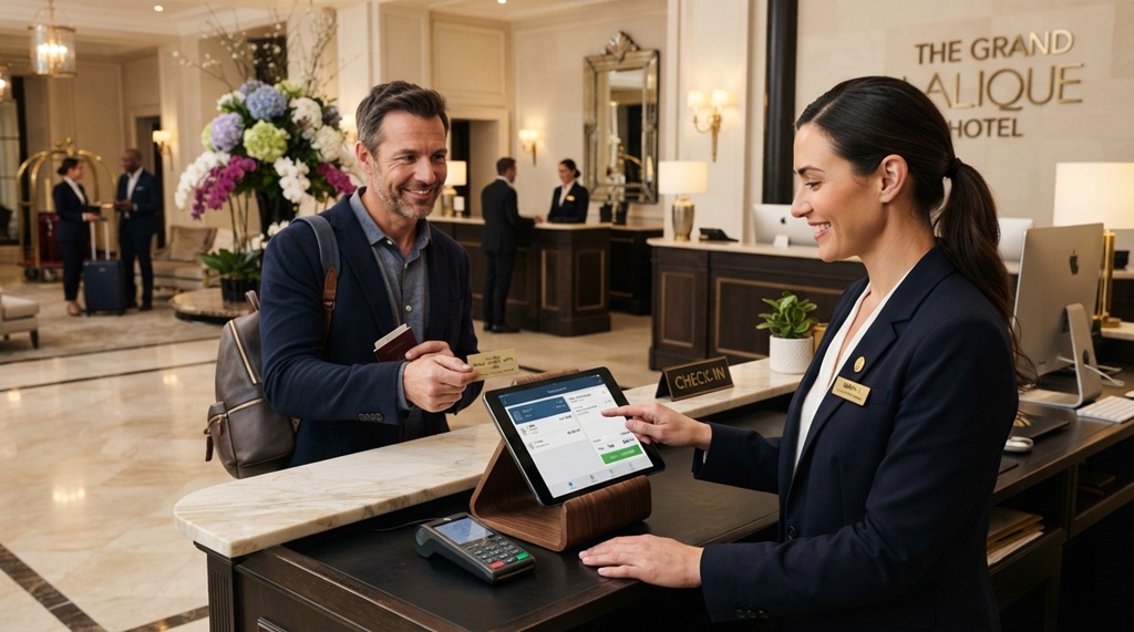 Hotel manager using modern point of sale system at front desk counter.