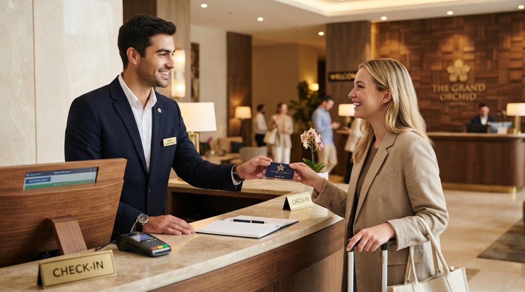 Male receptionist handing a key card to a smiling guest.