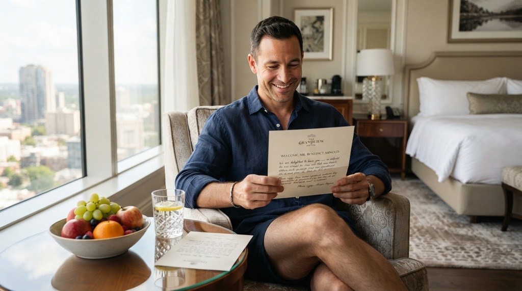 Male hotel guest reading personalized welcome note inside luxury room.