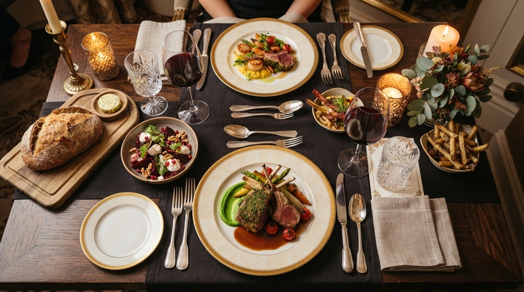 Gourmet dishes beautifully arranged on a luxury hotel restaurant table.