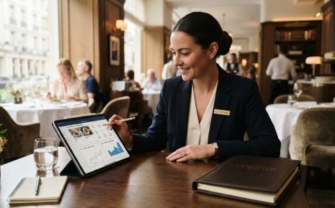 Hotel manager reviewing menu pricing and profit margins on a tablet.