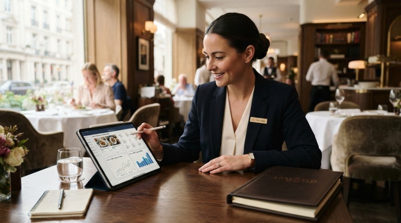 Hotel manager reviewing menu pricing and profit margins on a tablet.