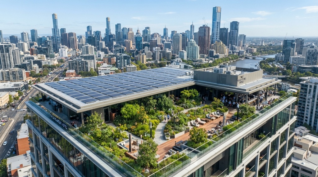 Modern hotel rooftop featuring clean solar panels and a rooftop garden.