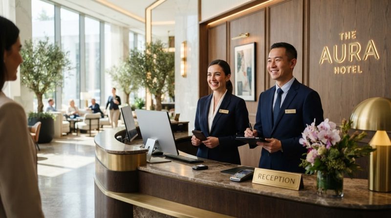 A male and female front desk receptionist smiling warmly at guests in a hotel lobby.