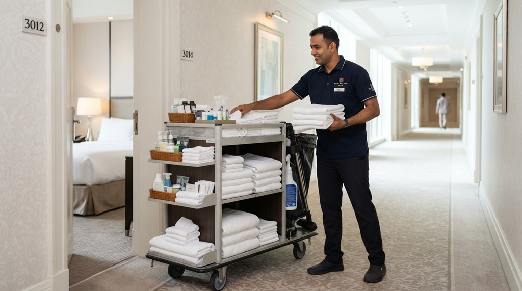 Male housekeeper organizing clean towels on a mobile supply cart in hotel hallway.