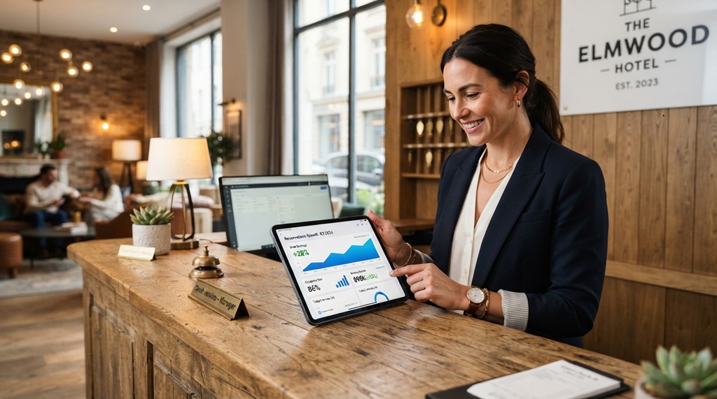 Professional hotel manager reviewing direct bookings on a tablet at reception.