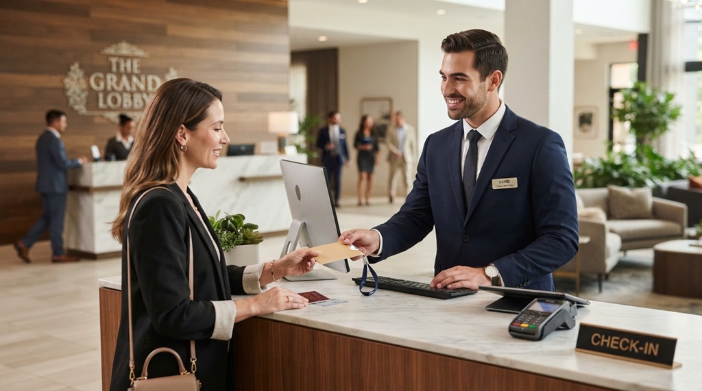 A male front desk agent checking in a guest at a hotel reception counter.
