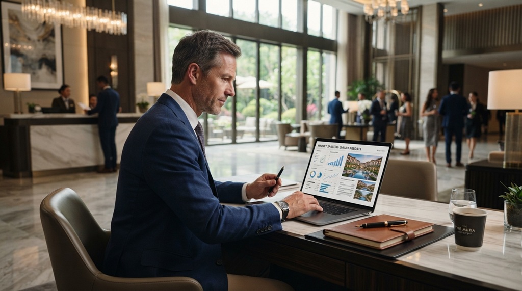 Male consultant analyzing luxury hotel case study reports on a laptop in an elegant lobby.