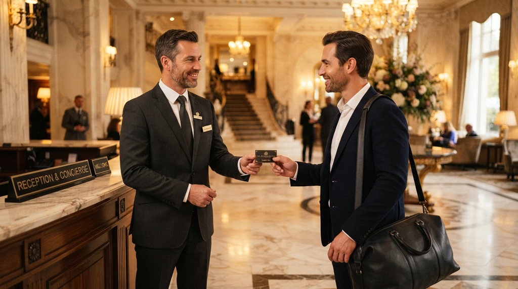 Male hotel concierge welcoming male guest with personalized service in a luxury hotel lobby.