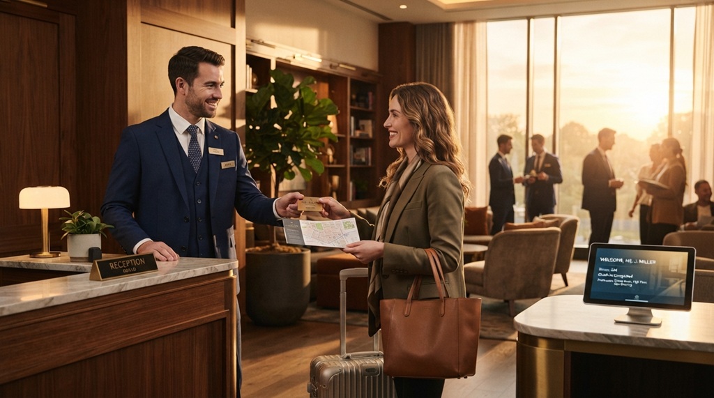 A male concierge hands a guest keycard in a luxury hotel lobby.