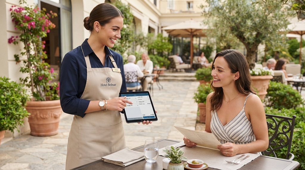 Hotel employee using a mobile tablet POS system to take a customer order.