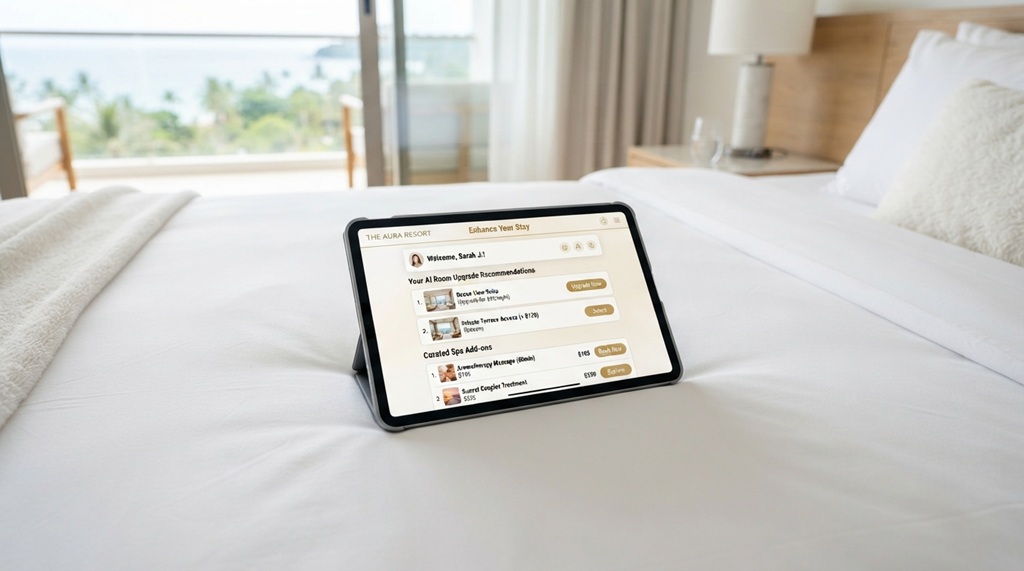 Tablet on a hotel bed displaying personalized AI room upgrades and resort add-ons.