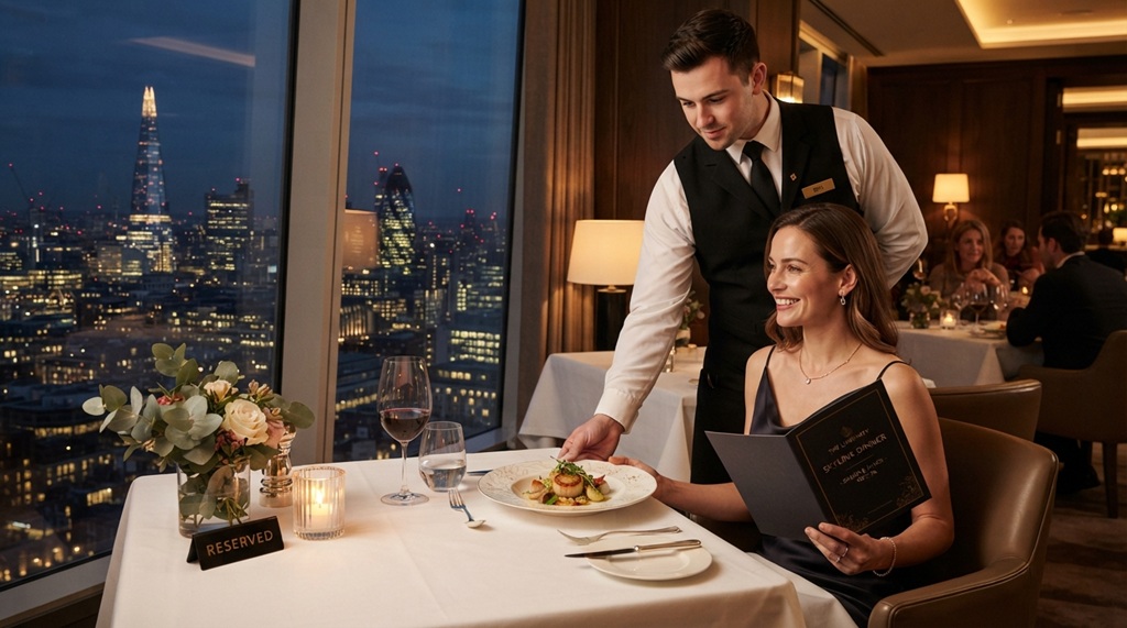Waiter presenting custom dining menu to female guest in luxury hotel restaurant.