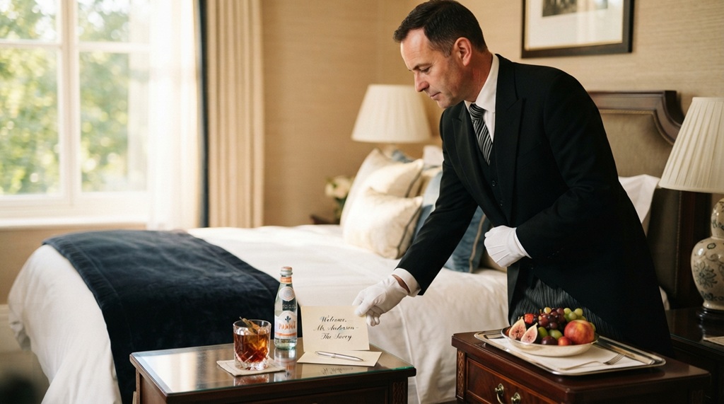 Male butler preparing personalized welcome drinks and handwritten note in hotel suite.