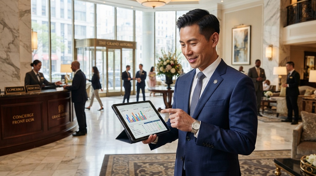 Male hotel manager analyzing operational cost reports on a tablet in hotel lobby.