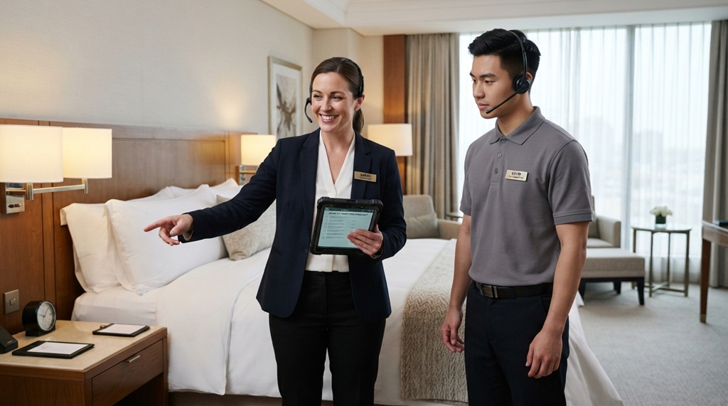 Female housekeeping supervisor inspecting luxury hotel room to ensure high quality standards.