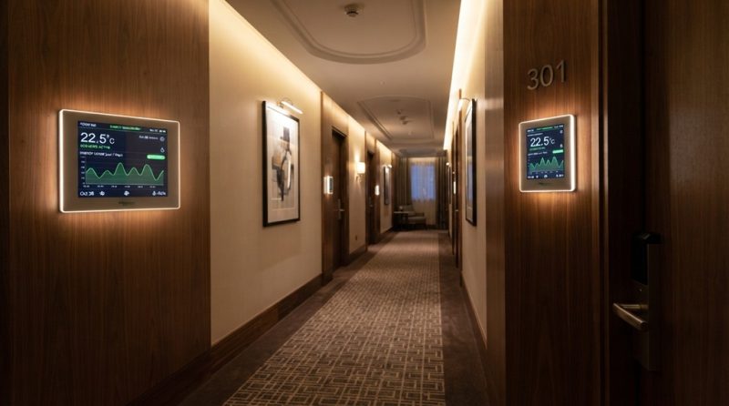 Smart thermostat screen mounted in a modern hotel hallway monitoring energy usage efficiently.