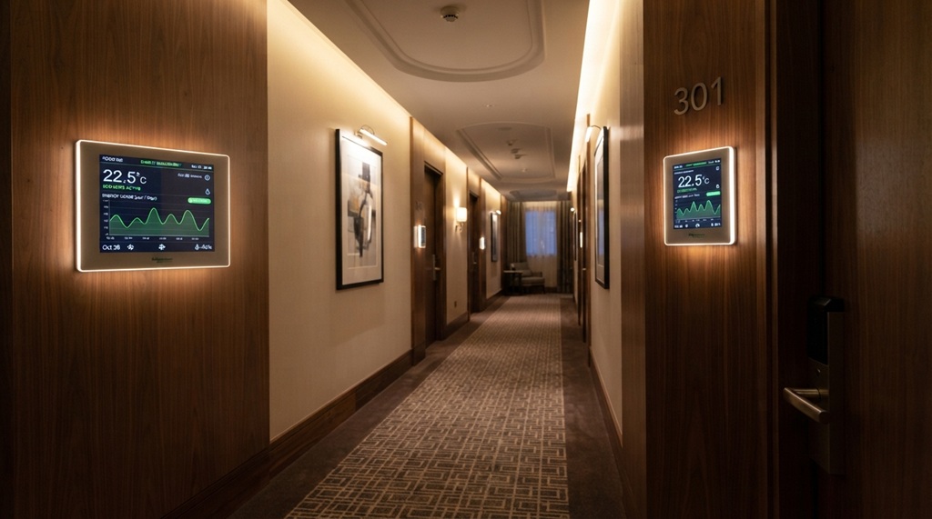 Smart thermostat screen mounted in a modern hotel hallway monitoring energy usage efficiently.