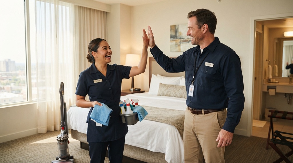 Male hotel manager congratulating female housekeeper after successful room inspection.