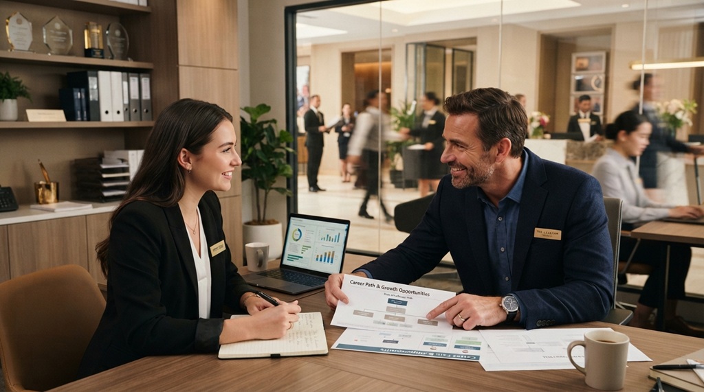 A male hotel manager mentoring a female employee during a staff development meeting.