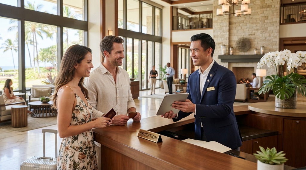 Male hotel manager assisting resort guests with personalized tablet check in service.