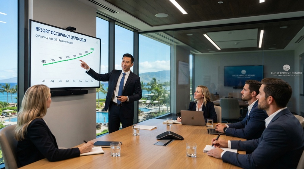 Male revenue manager analyzing growth charts during a resort strategy meeting.