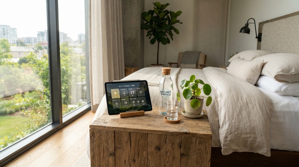 A smart room control tablet sits on a hotel nightstand beside greenery.