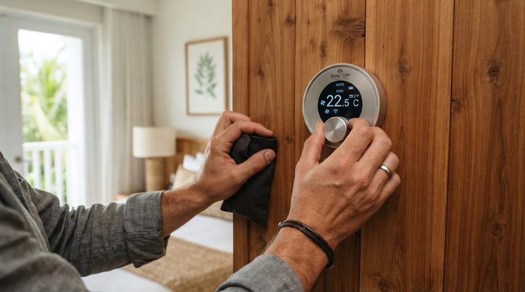 Man adjusting a smart thermostat on a wall in a sunlit eco hotel room.