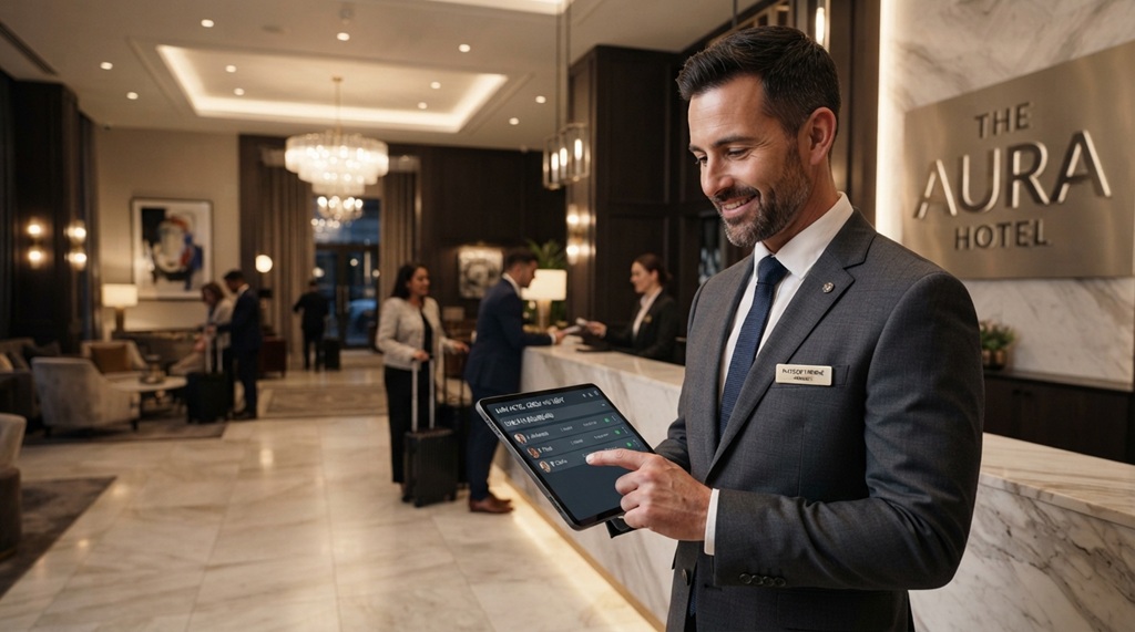 A hotel manager using a tablet in a modern smart hotel lobby.